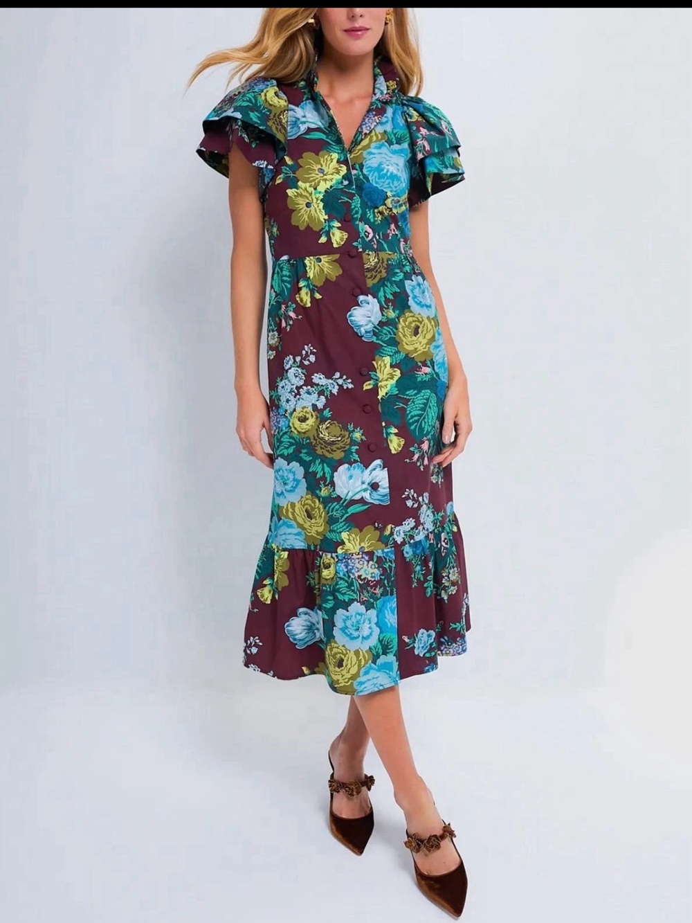 Tuckernuck Oxblood Merlot Floral Cotton Flutter Sleeve Midi Classic Dress Small - Picture 2 of 13